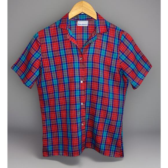 Vtg Paris Station Short Sleeve Top Shirt Red Blue Teal Plaid Blouse- Sz S - Picture 1 of 8